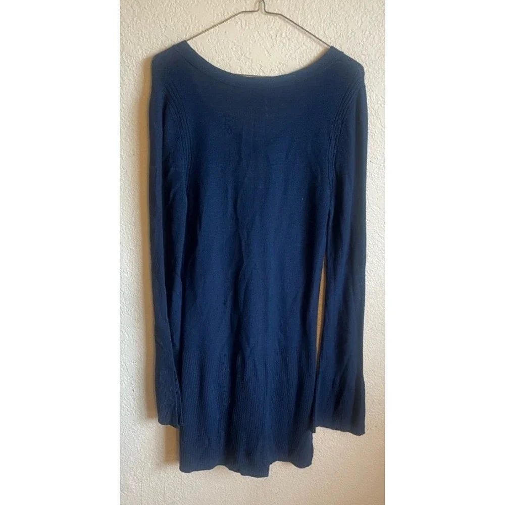 Free People Womens M Navy Blue Ribbed Sweater Dress Criss Cross V Neck Boho
